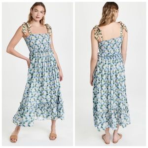 Palmacea Floral Smocked Bow Shoulder Maxi Dress Acacia Blue Yellow